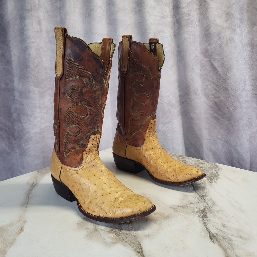 Vintage Luskys Classic Full Quill Ostrich Western Boots Beige Size 9 D Men's